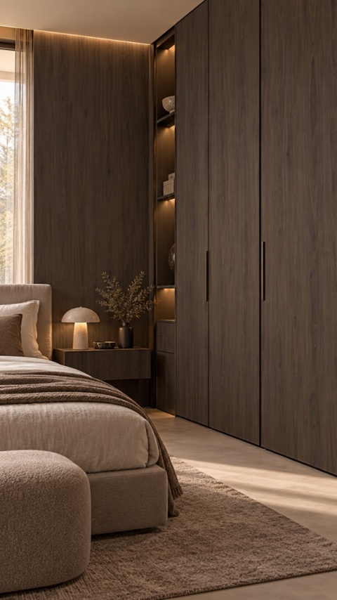 Laminam KI NO BI Acai Marrone 5 mm na zabudowie i szafie w eleganckiej sypialni.