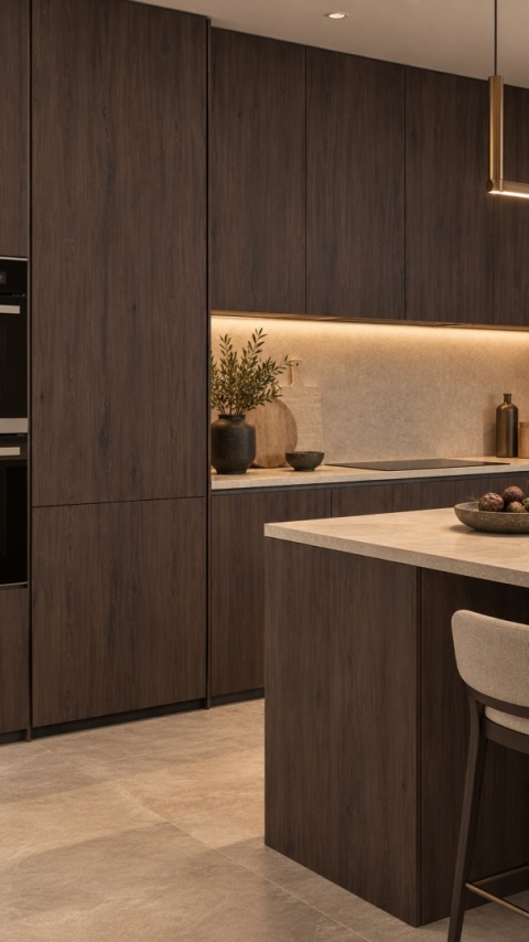 Laminam KI NO BI Acai Marrone 5 mm na frontach zabudowy kuchennej w eleganckiej, ciepłej kuchni.