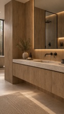 Laminam KI NO BI Kuri Naturale na ścianach i zabudowie w nowoczesnej łazience z czarną armaturą.