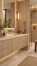 Laminam KI NO BI Sugi Beige 5 mm na ścianach i froncie szafki w jasnej, eleganckiej łazience.