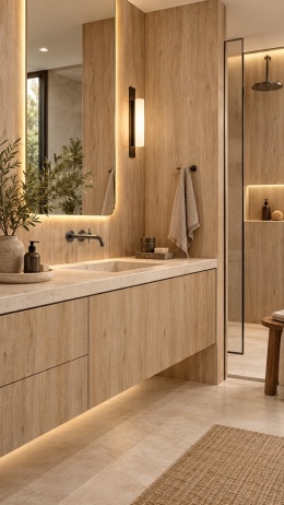 Laminam KI NO BI Sugi Beige 5 mm Naturale – ciepły beżowo-brązowy dekor z subtelnym rysunkiem drewna.