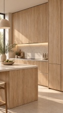 Laminam KI NO BI Sugi Beige 5 mm na frontach zabudowy i wyspy w nowoczesnej, ciepłej kuchni.