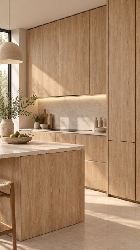 Laminam KI NO BI Sugi Beige 5 mm na frontach zabudowy i wyspy w nowoczesnej, ciepłej kuchni.