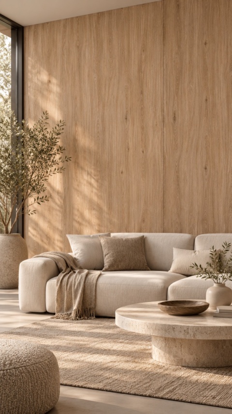 Laminam KI NO BI Sugi Beige 5 mm jako okładzina ścienna w jasnym salonie w stylu japandi.