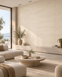 Laminam LEGNO VENEZIA Corda 3+ mm jako jasna okładzina ścienna w eleganckim salonie.