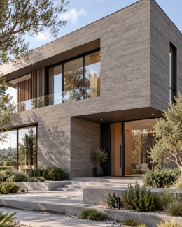 Laminam LEGNO VENEZIA Fumo jako okładzina elewacji nowoczesnego domu z dużymi przeszkleniami.