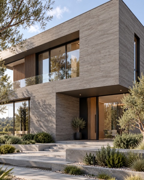 Laminam LEGNO VENEZIA Fumo jako okładzina elewacji nowoczesnego domu z dużymi przeszkleniami.