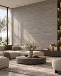 Laminam LEGNO VENEZIA Fumo jako szaro-drewniana okładzina ścienna w eleganckim, nowoczesnym salonie.