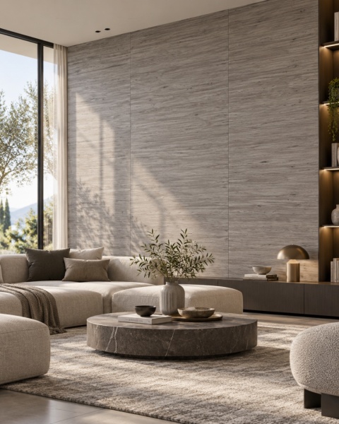 Laminam LEGNO VENEZIA Fumo jako szaro-drewniana okładzina ścienna w eleganckim, nowoczesnym salonie.
