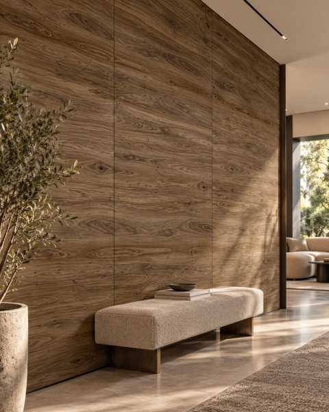 Laminam Legno Venezia Noce 5 mm jako okładzina ścienna w eleganckim salonie z jasną, nowoczesną aranżacją.