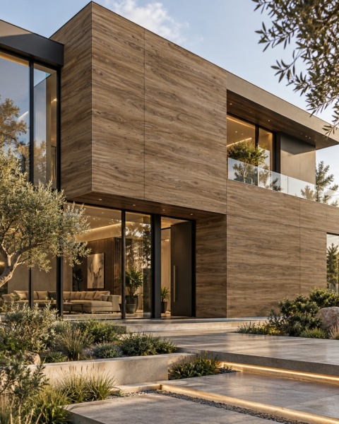 Laminam Legno Venezia Noce 3+ mm jako okładzina elewacji nowoczesnego domu z dużymi przeszkleniami.