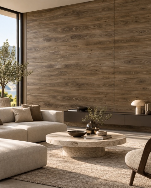 Laminam Legno Venezia Noce 3+ mm jako dekoracyjna okładzina ściany w reprezentacyjnym wnętrzu.
