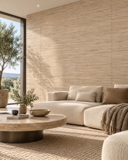 Laminam Legno Venezia Sabbia 3+ mm jako dekoracyjna okładzina ściany w jasnym, spokojnym salonie.