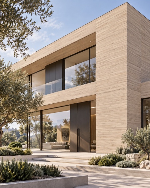 Laminam Legno Venezia Sabbia 3+ mm jako jasna okładzina elewacji nowoczesnego domu.