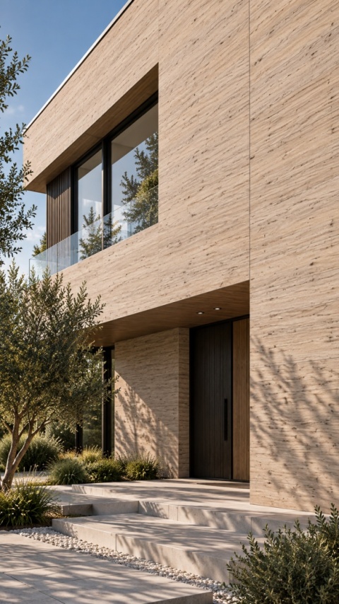 Laminam Legno Venezia Sabbia 3+ mm jako jasna okładzina elewacji nowoczesnego domu.
