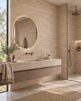 Laminam Legno Venezia Sabbia 5 mm jako okładzina ścian w eleganckiej, ciepłej łazience.