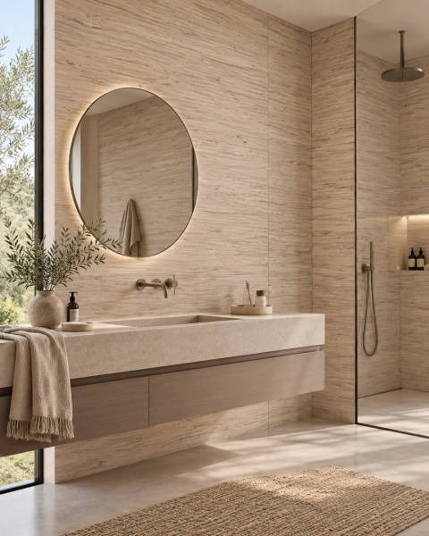 Laminam Legno Venezia Sabbia 5 mm jako okładzina ścian w eleganckiej, ciepłej łazience.