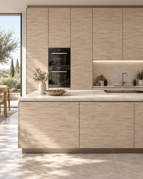 Laminam Legno Venezia Sabbia 5 mm na frontach zabudowy kuchennej w nowoczesnej, jasnej kuchni.