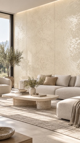 Laminam Oxide Avorio 3 mm jako dekoracyjna okładzina ścienna w jasnym, eleganckim salonie.