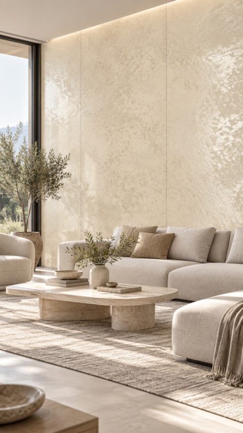 Laminam Oxide Avorio 3 mm jako dekoracyjna okładzina ścienna w jasnym, eleganckim salonie.