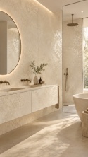 Laminam Oxide Avorio 5 mm jako okładzina ścian i zabudowy w jasnej, eleganckiej łazience.