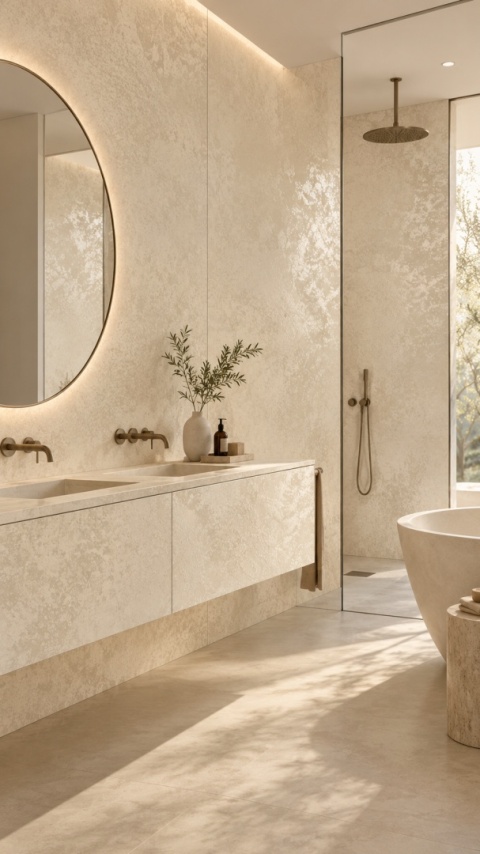 Laminam Oxide Avorio 5 mm jako okładzina ścian i zabudowy w jasnej, eleganckiej łazience.