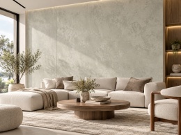 Laminam Oxide Perla 3 mm jako dekoracyjna okładzina ścienna w jasnym, eleganckim salonie.
