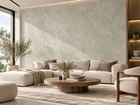 Laminam Oxide Perla 3 mm jako dekoracyjna okładzina ścienna w jasnym, eleganckim salonie.