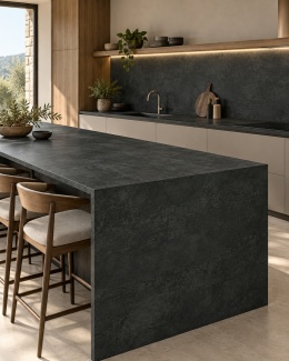 ReSTILE Cemento NERO Natural 12 mm na wyspie i ścianie w nowoczesnej kuchni z drewnianymi akcentami.