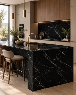 Wyspa kuchenna i ściana z Restile Nero Marquina Natural – czarny spiek inspirowany marmurem.
