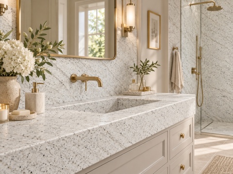 Perfect White Brushed – elegancka łazienka z jasnym granitowym blatem, złotą armaturą i szczotkowanym wykończeniem.