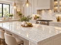 Perfect White Polished 20 i 30 mm – elegancka kuchnia z polerowaną granitową wyspą, jasną zabudową i złotymi dodatkami.