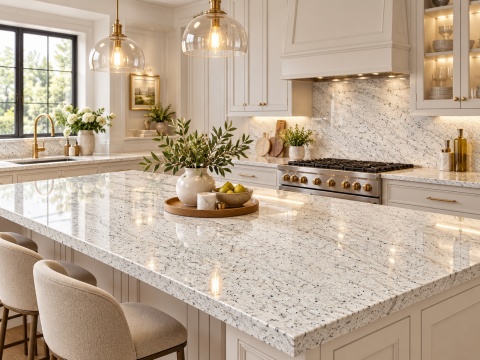 Perfect White Polished 20 i 30 mm – elegancka kuchnia z polerowaną granitową wyspą, jasną zabudową i złotymi dodatkami.