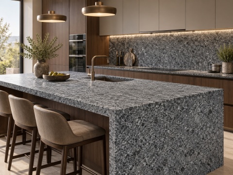 Steel Grey Brushed 20 i 30 mm – nowoczesna kuchnia z granitową wyspą, drewnianą zabudową i szczotkowaną powierzchnią.