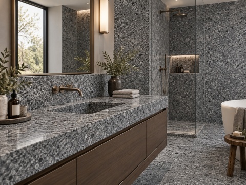 Steel Grey Natural – elegancka łazienka z grafitowym blatem granitowym, drewnianą szafką i kamienną okładziną ścian.