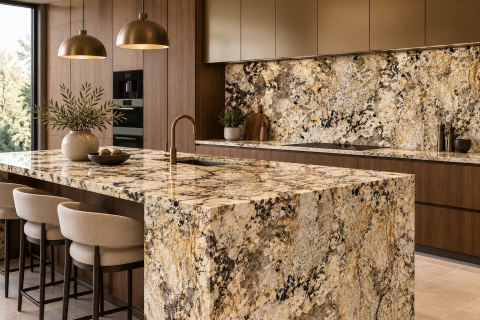Kwarcyt Patagonia Beige Poler 20 mm – nowoczesny salon z podświetlaną ścianą dekoracyjną i złocistym użyleniem.