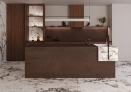 Meble kuchenne i blat wyspy pokryte spiekiem  Metal Oxide przypomina utlenioną blachę stalową .