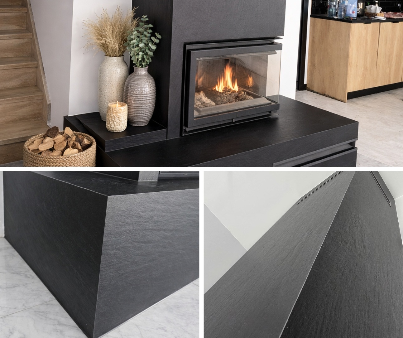  Nowoczesny kominek w spieku Laminam Ardesia Nero &ndash; realizacja FALCO Spieki Kwarcowe w salonie