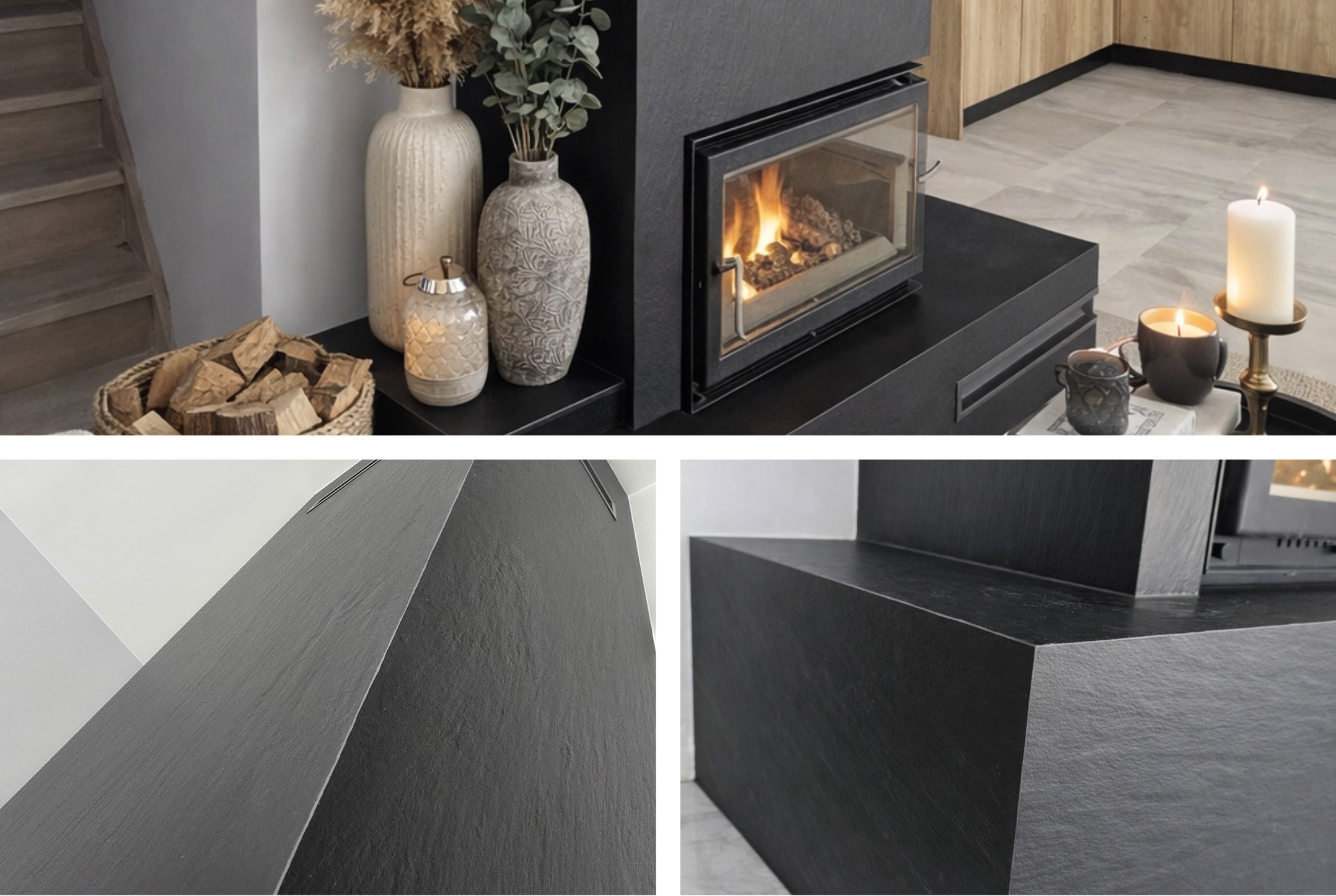 Detale kominka Laminam Ardesia Nero z ogniem, drewnem i dekoracjami