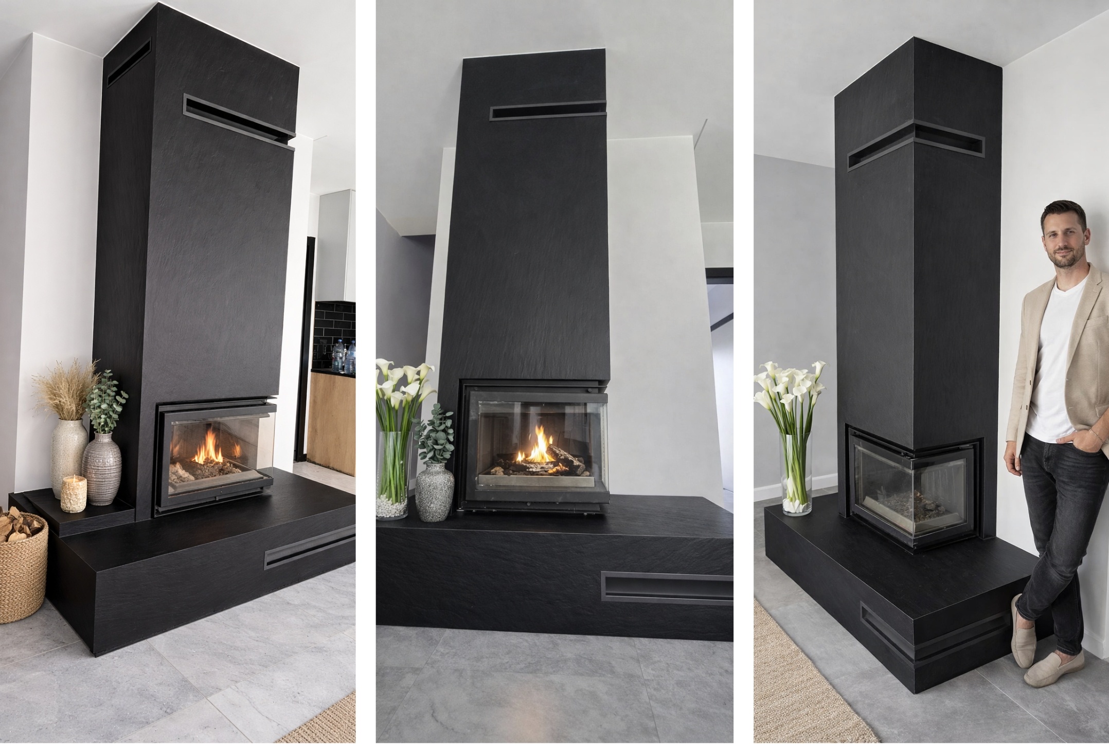 Nowoczesny kominek ze spieku Laminam Ardesia Nero w salonie z dodatkami