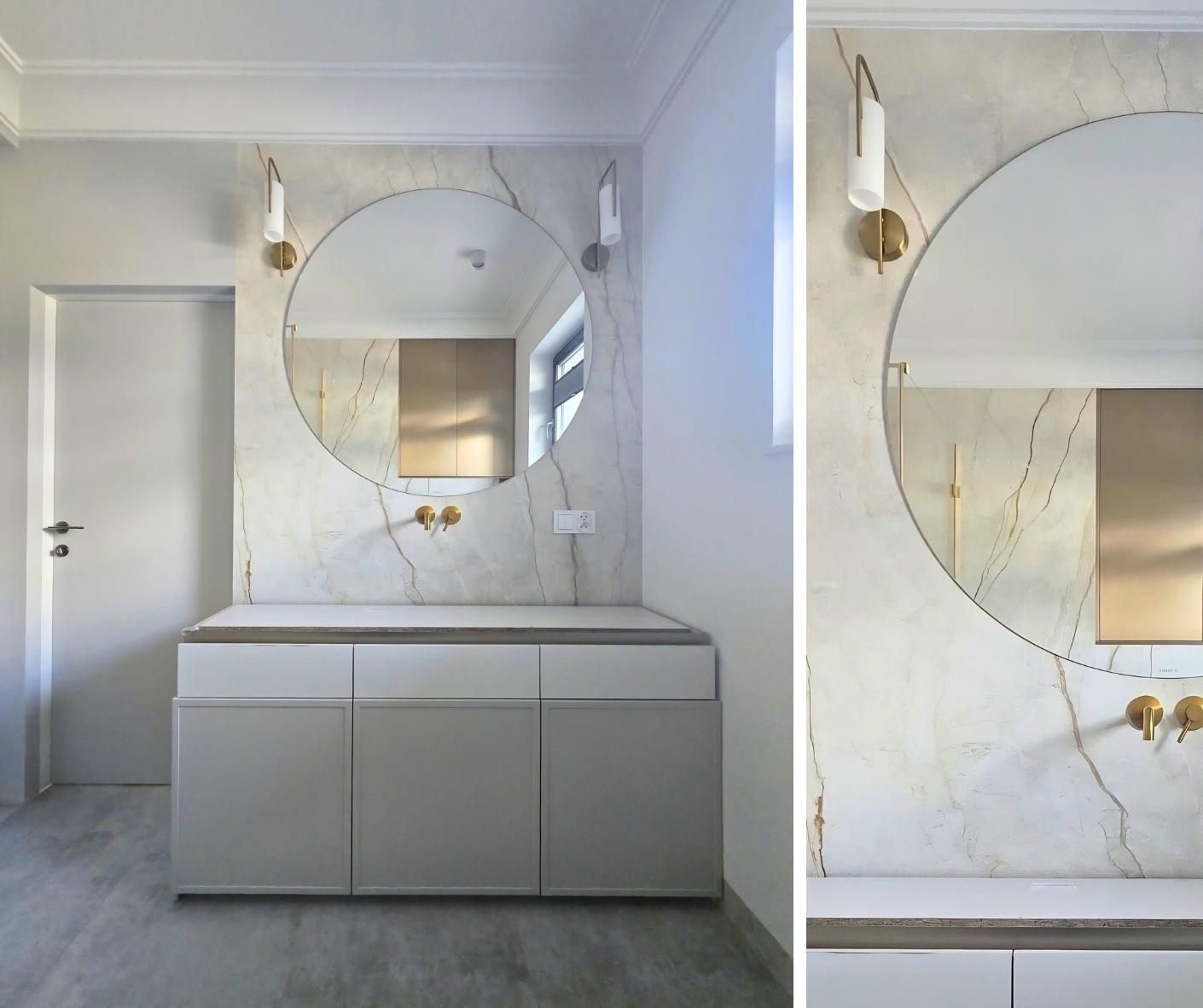 Strefa umywalkowa z okrągłym lustrem na ścianie Marazzi Silver Root White - realizacja FALCO
