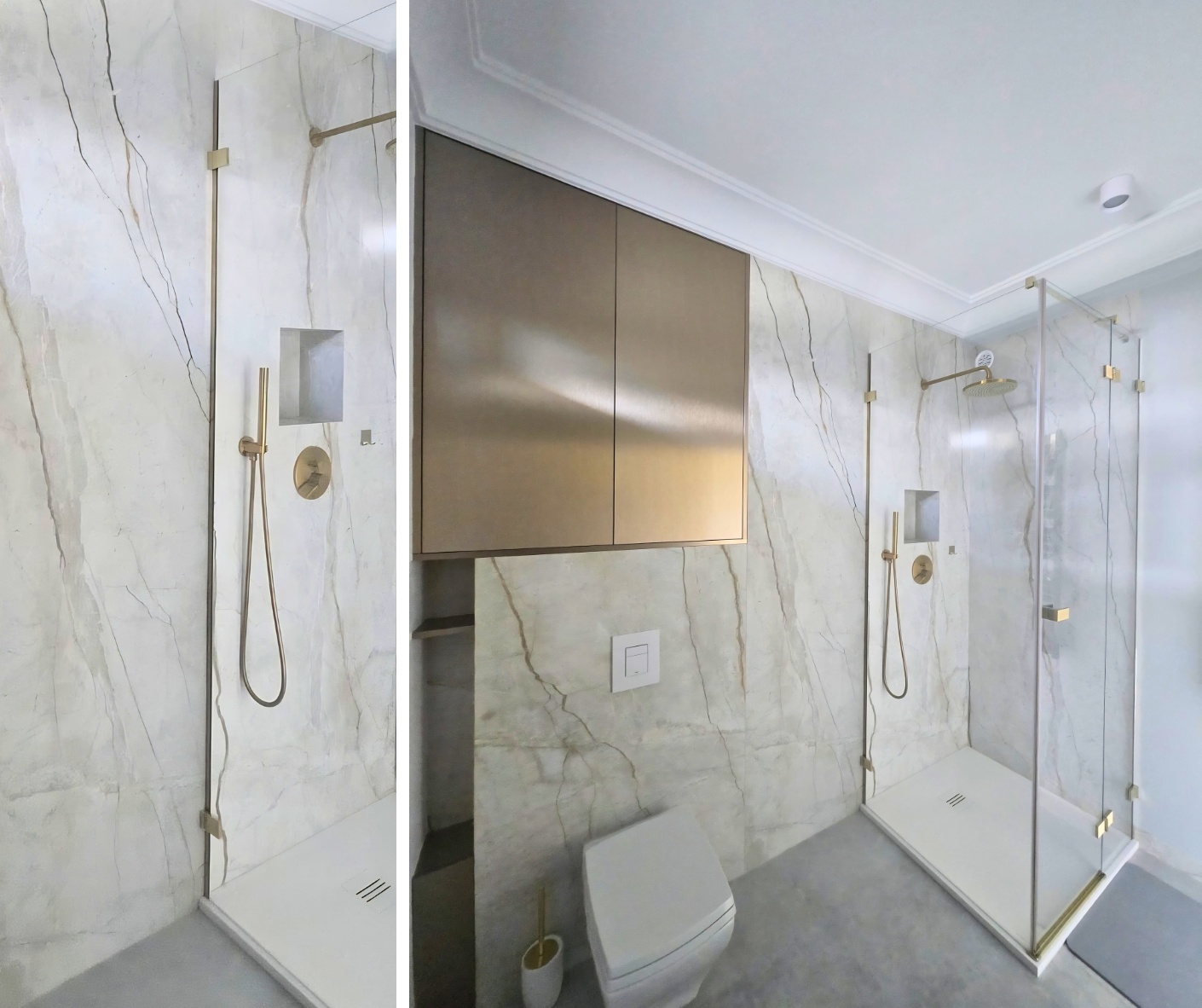 Strefa prysznicowa i WC wykończone Marazzi Silver Root White z detalami w złotym kolorze