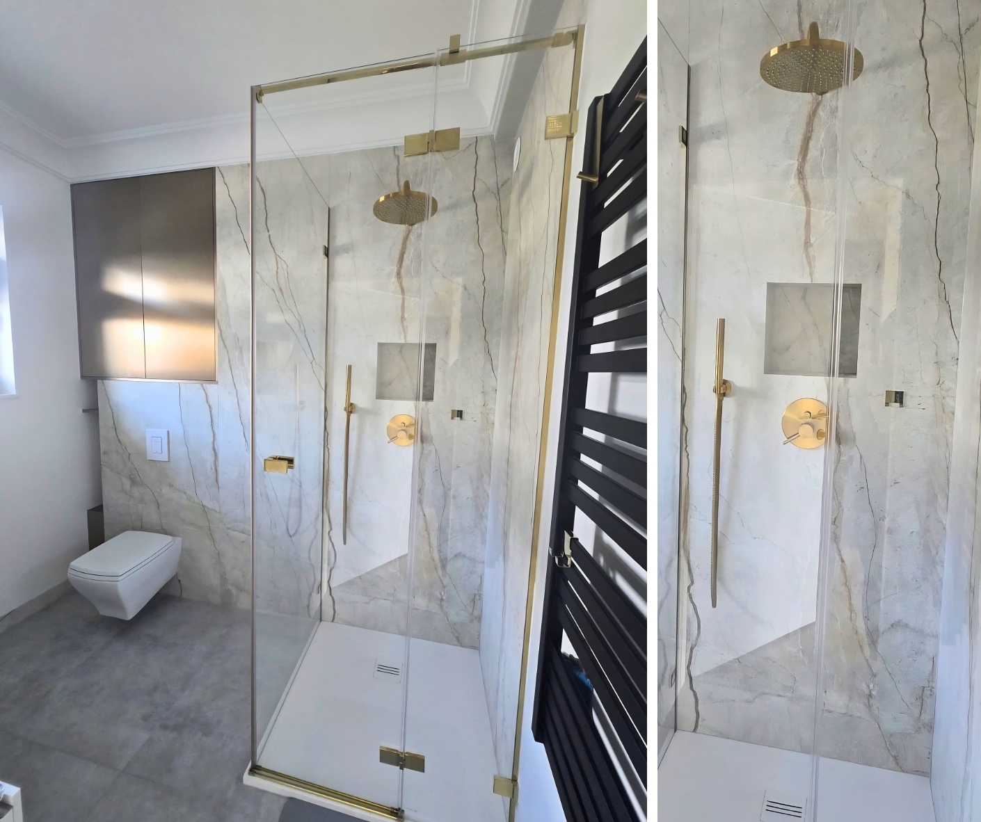 Gotowa kabina prysznicowa z Marazzi Silver Root White i złotymi okuciami w łazience we Wrocławiu