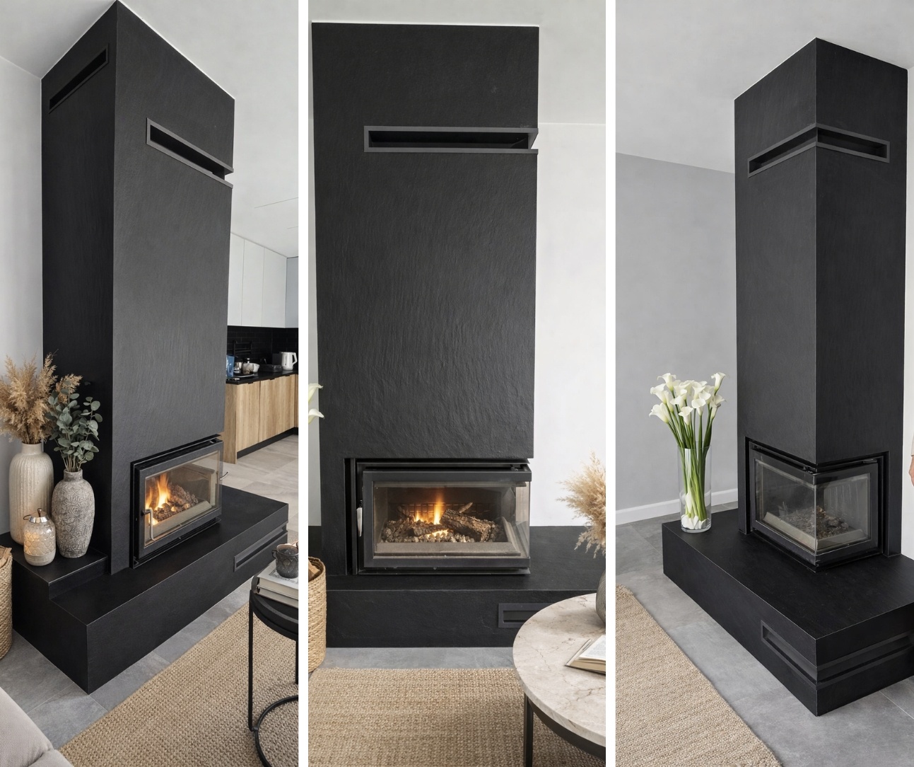 Kominek narożny w spieku kwarcowym Laminam Ardesia Nero z ogniem &ndash; nowoczesna zabudowa i detale
