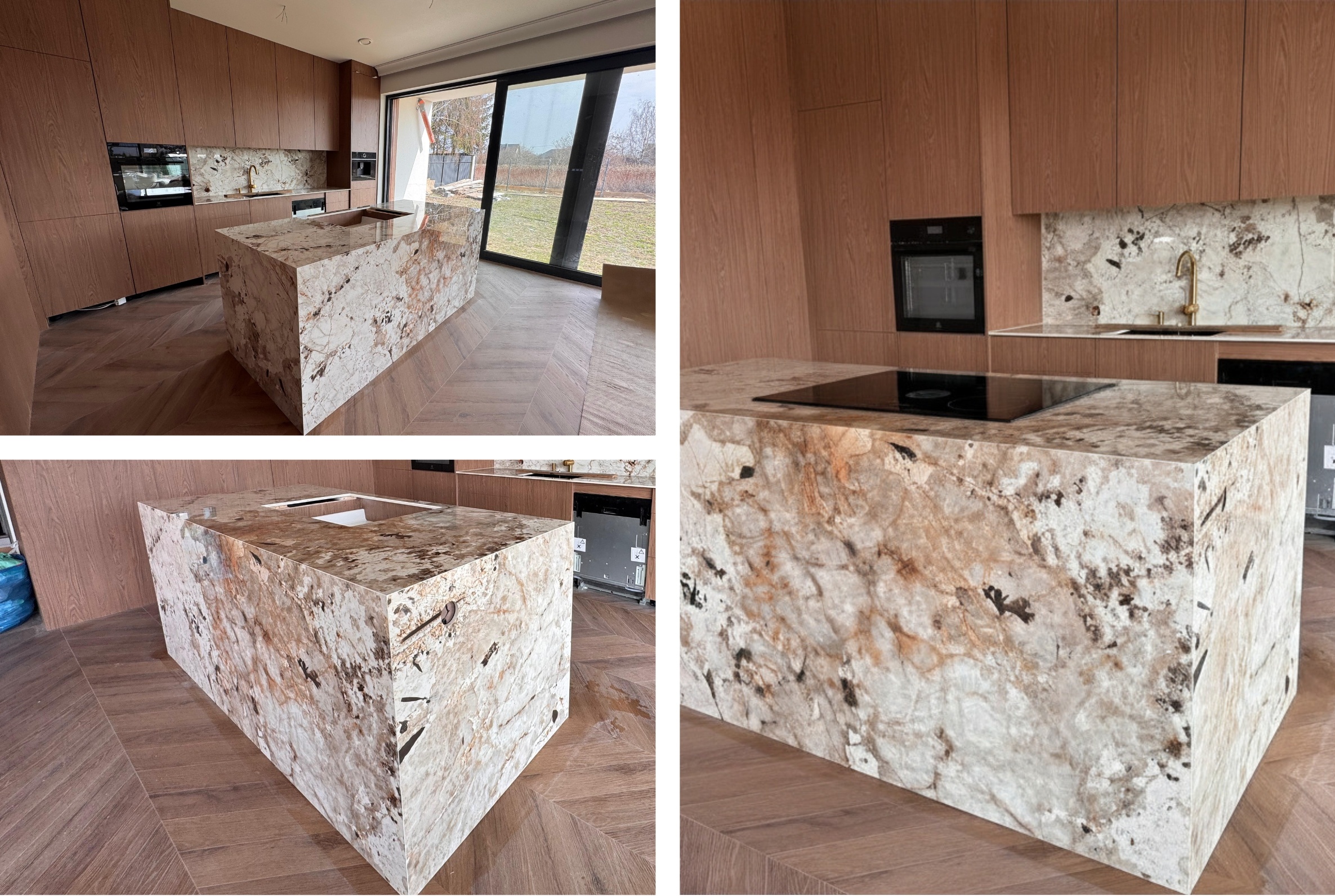 Detale kuchni ze spiekiem FLORIM Heritage Tundra na blacie, ścianie nad blatem i wyspie