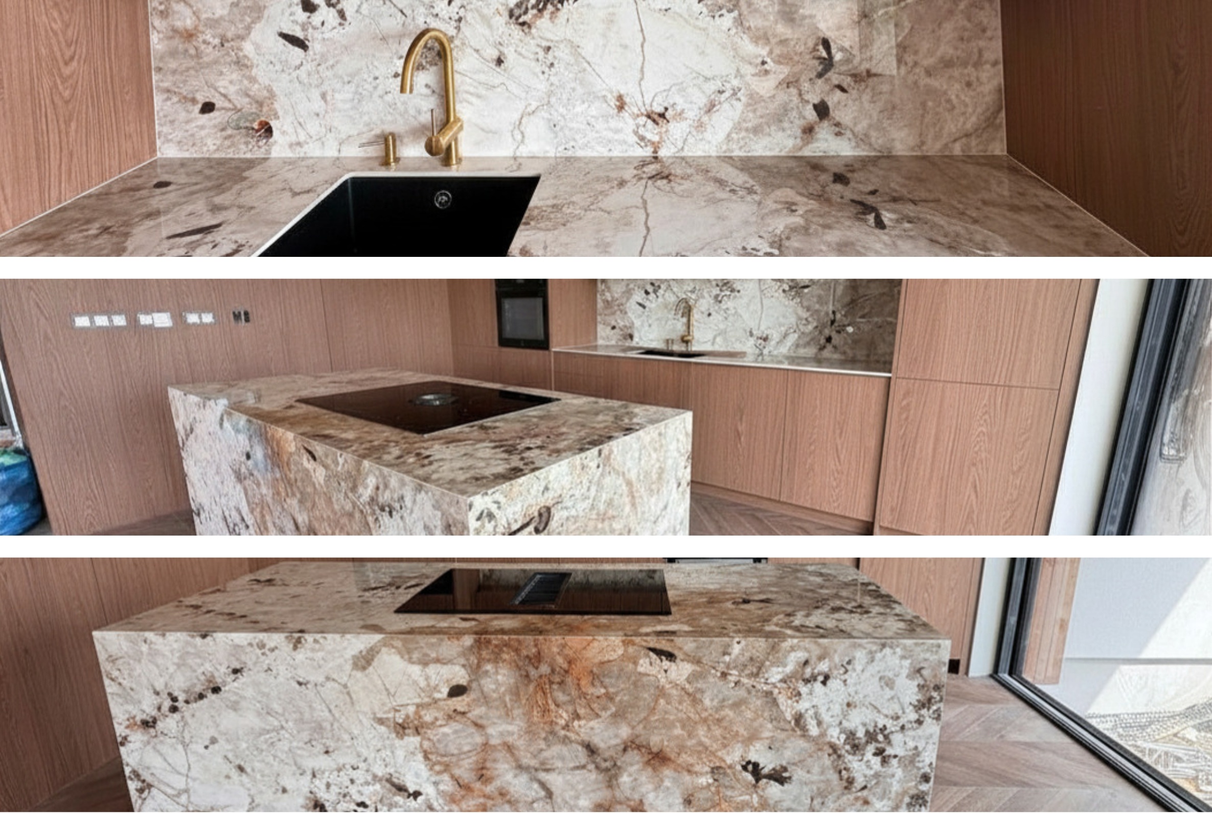 Front wyspy kuchennej ze spieku FLORIM Heritage Tundra z wyrazistym rysunkiem kamienia