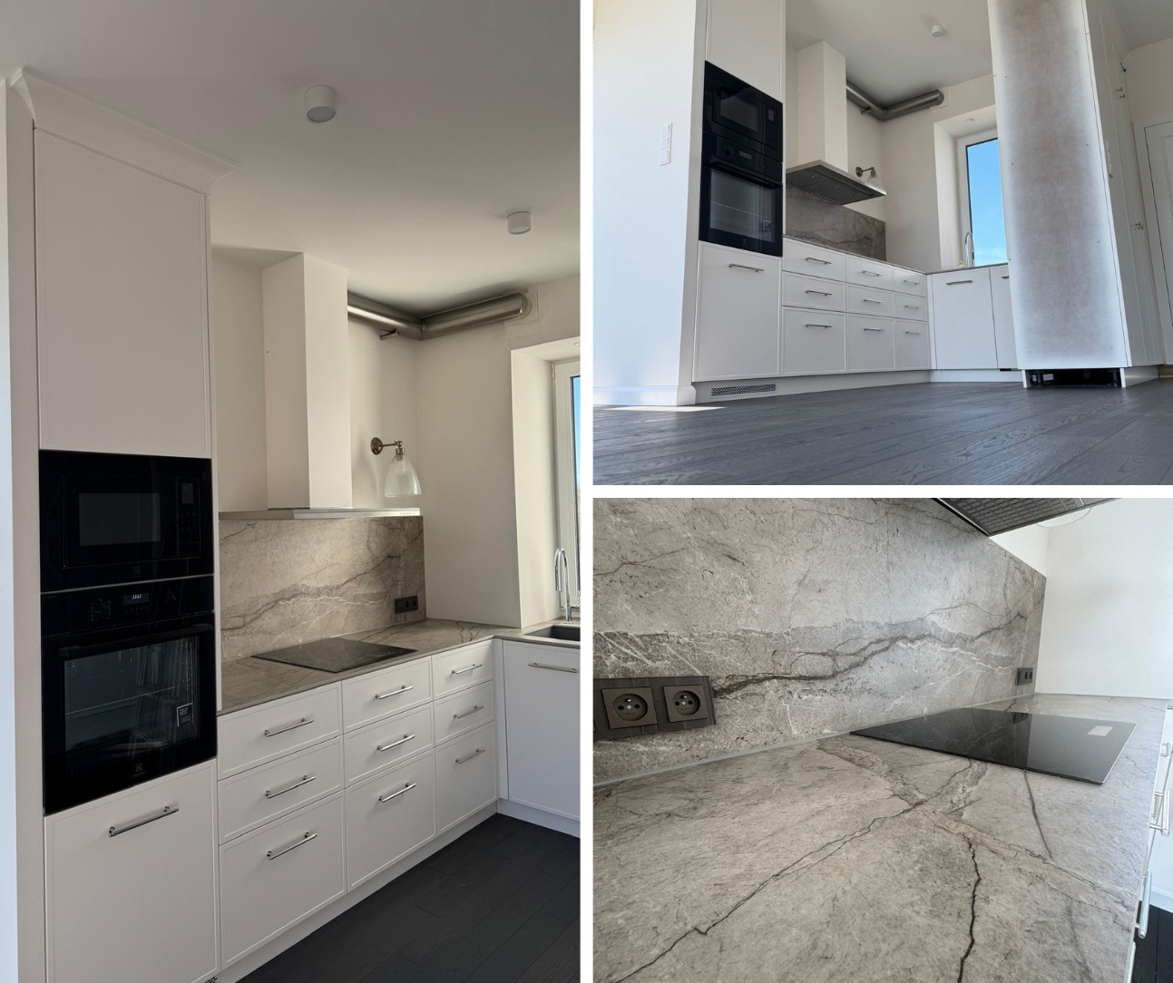 Widok jasnej kuchni z Marazzi Silver Root Grey na blacie i ścianie nad blatem