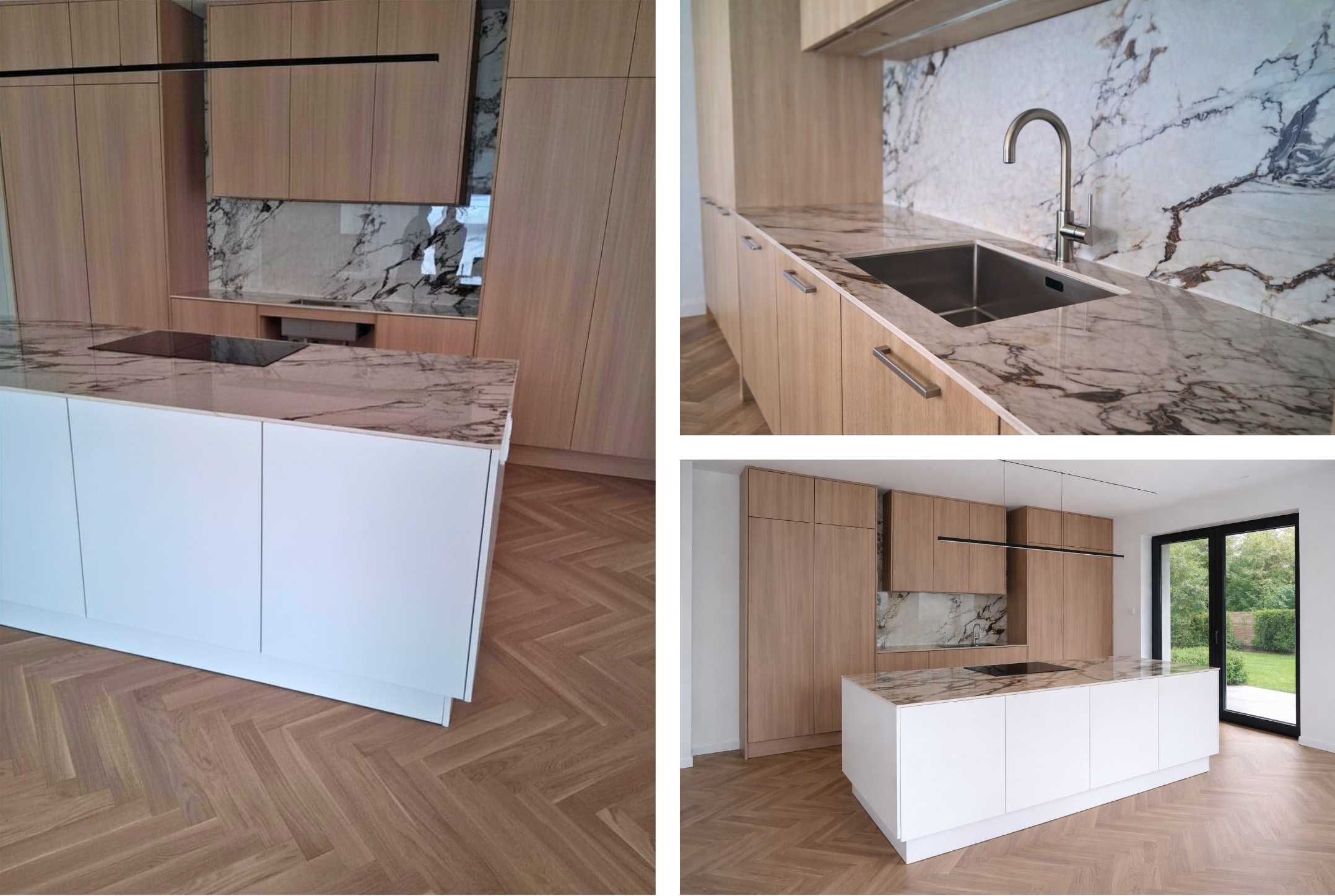 Detal blatu i ściany ze spieku Capraia przy zlewie w nowoczesnej kuchni z elegancką drewnianą zabudową