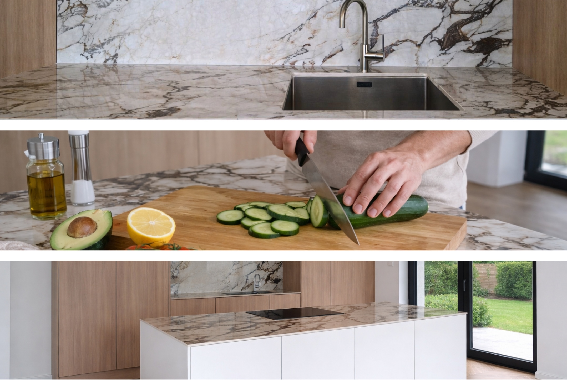 Kuchnia ze spiekiem Capraia w codziennym użytkowaniu &ndash; detal blatu, przygotowanie posiłku i widok wyspy