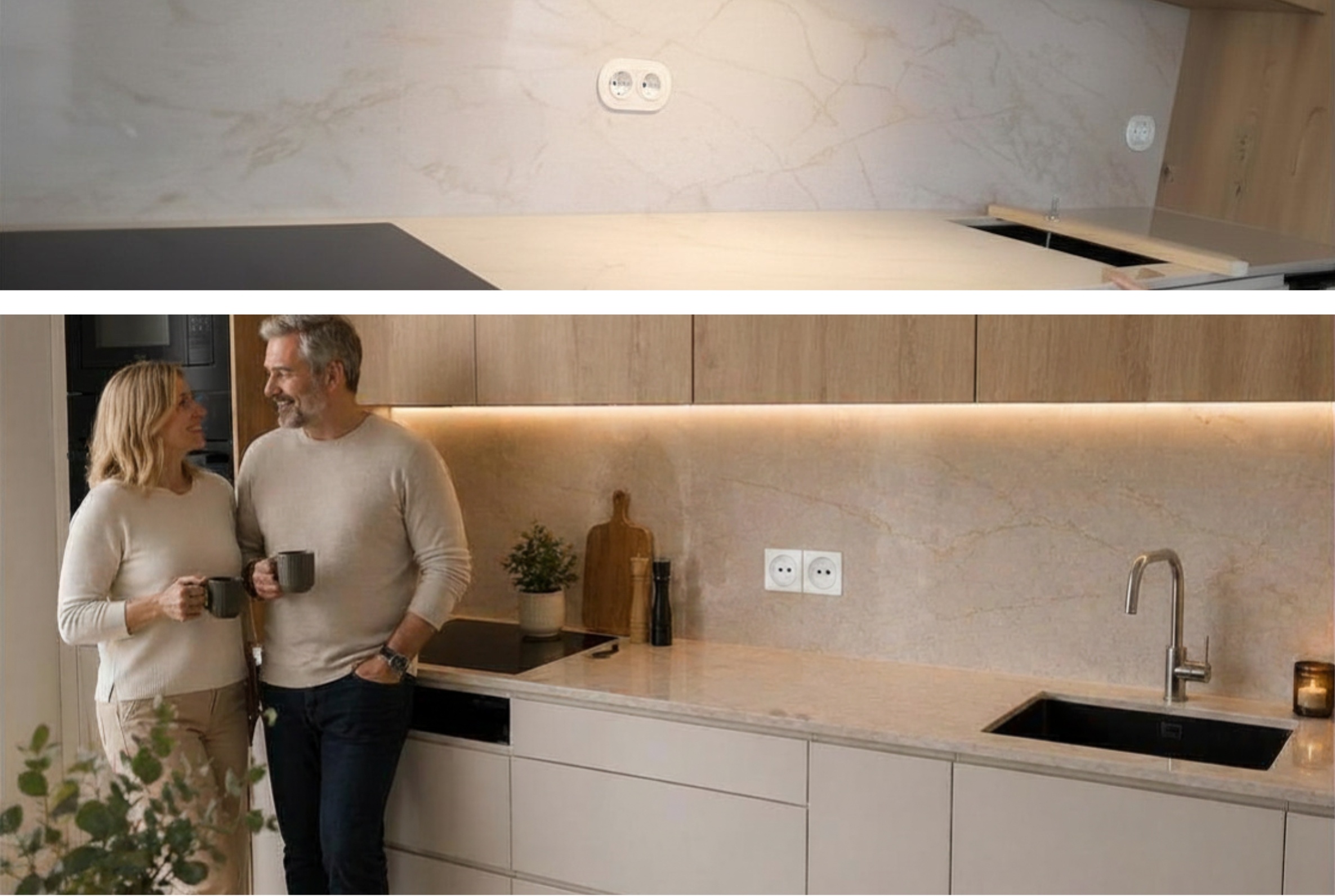 Gotowa aranżacja pokazuje, jak Technistone Glencoe odnajduje się w codziennym, używanym wnętrzu